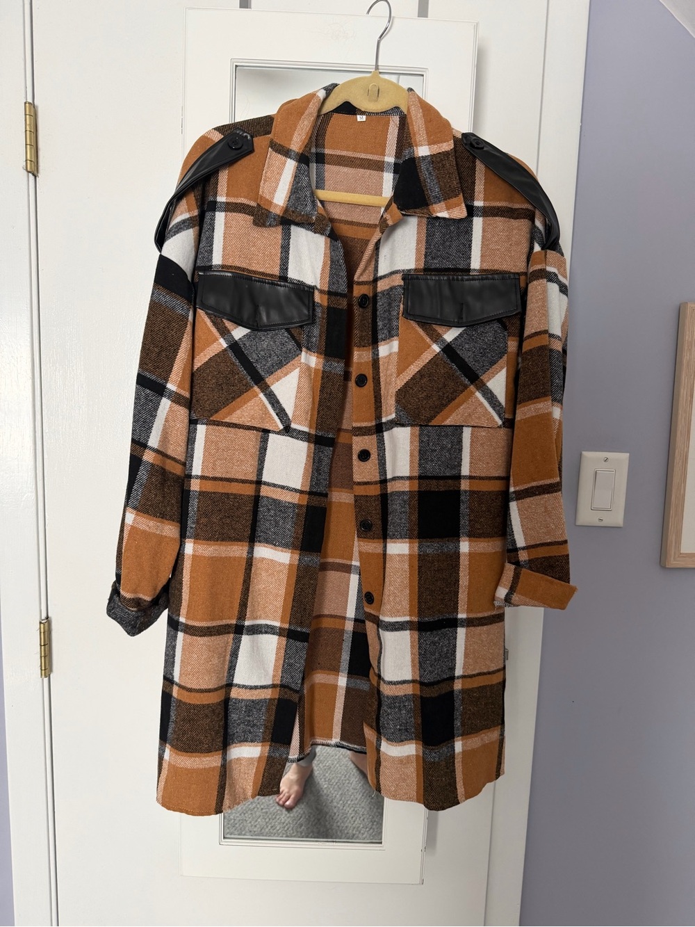 Plaid Shacket with Black Faux-Leather Accents - Rust, Black & White